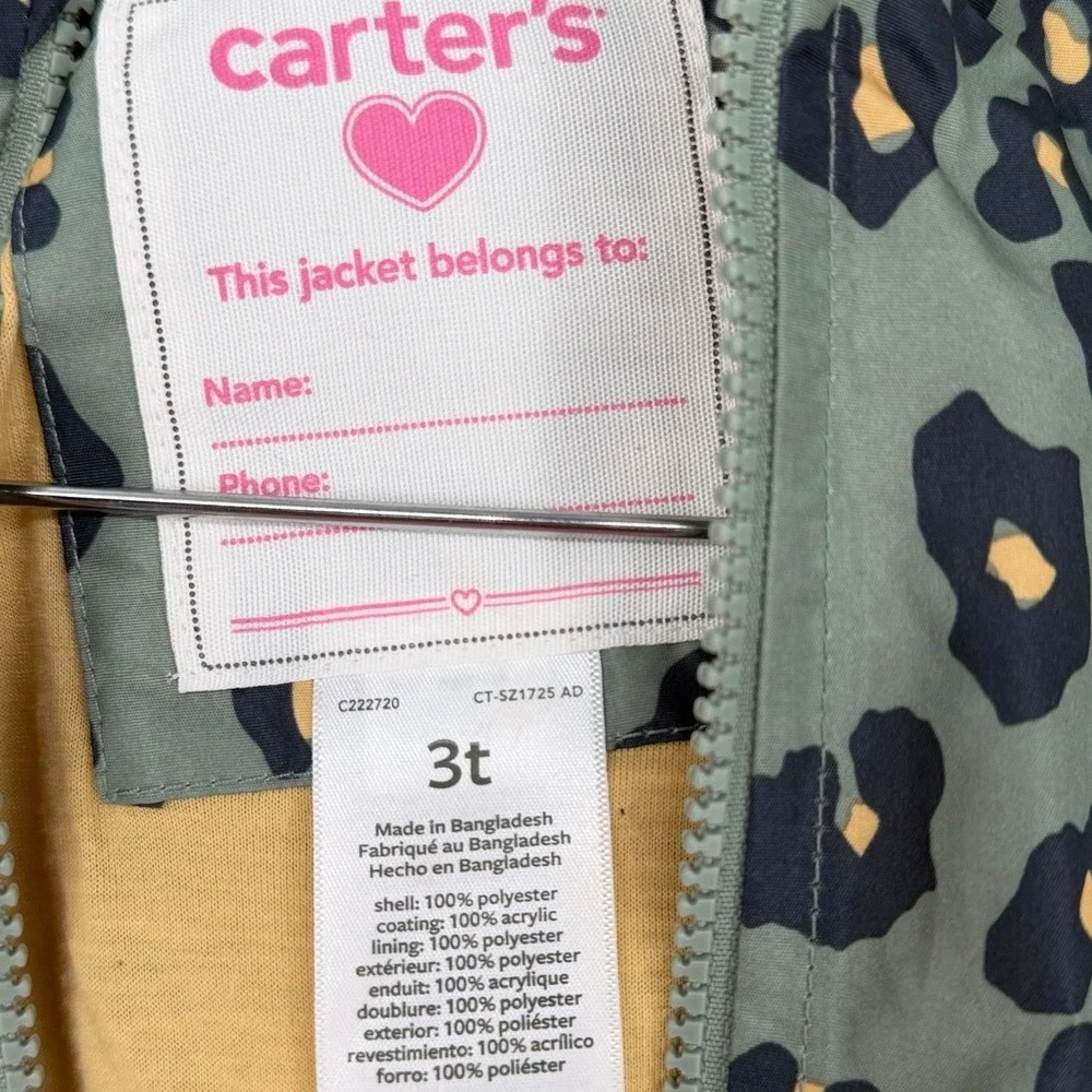 Carters Toddler Girls 3T Sage Green Leopard Print Hooded Rain Jacket Zip Up Coat